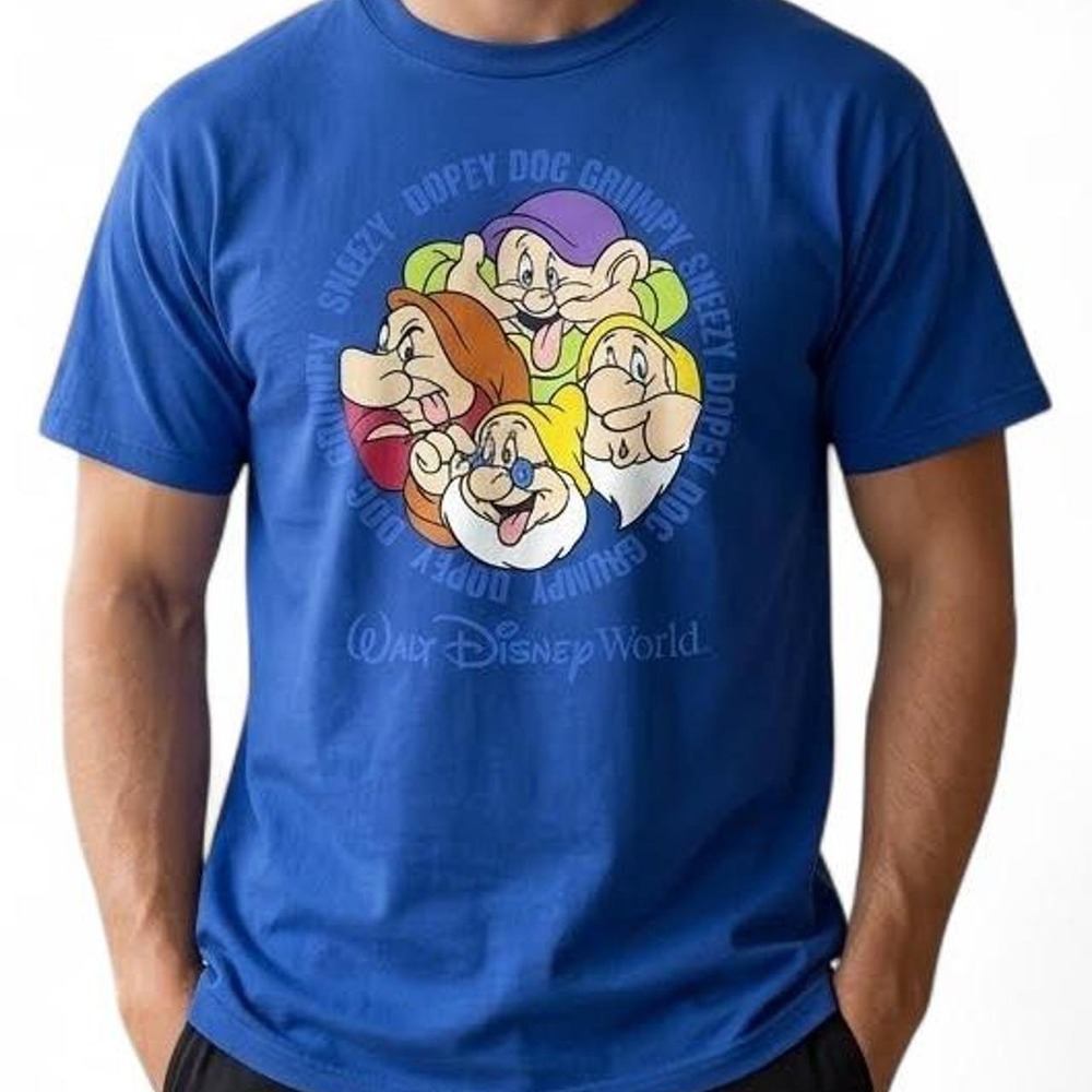 Graphic Tee Blue Cotton Vintage Disney World Seven Dwarfs Cartooncore XL